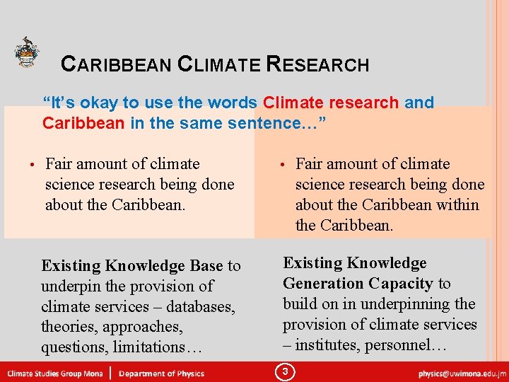 CARIBBEAN CLIMATE RESEARCH “It’s okay to use the words Climate research and Caribbean in