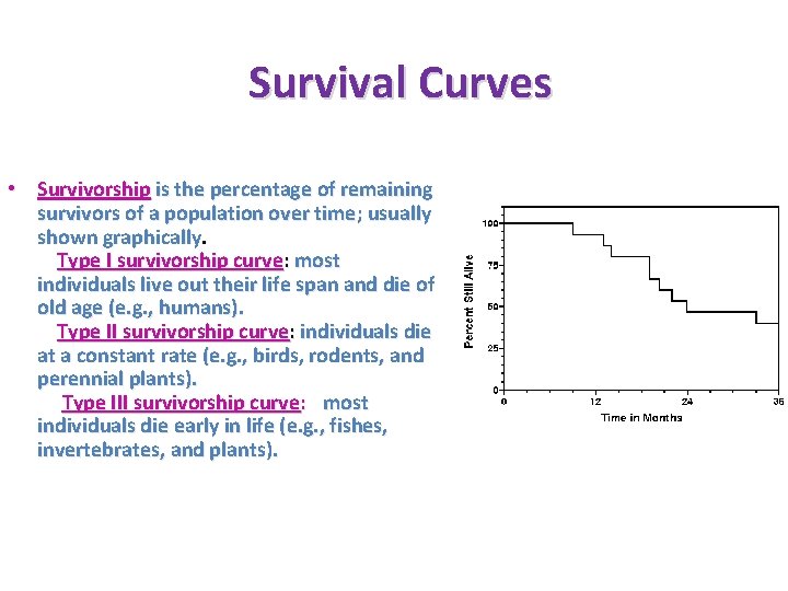 Survival Curves • Survivorship is the percentage of remaining survivors of a population over