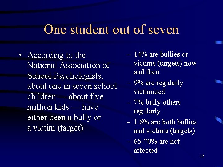 One student out of seven • According to the National Association of School Psychologists,