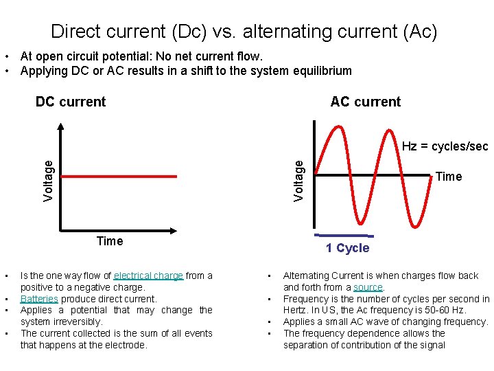 Direct current (Dc) vs. alternating current (Ac) • At open circuit potential: No net