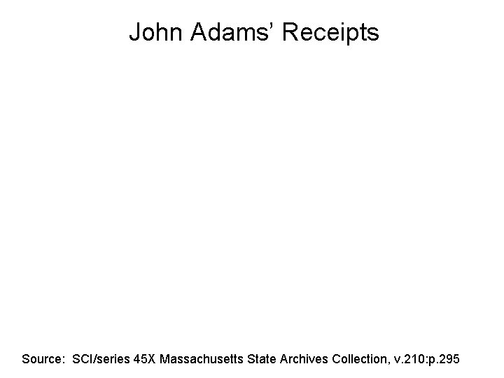 John Adams’ Receipts Source: SCI/series 45 X Massachusetts State Archives Collection, v. 210: p.