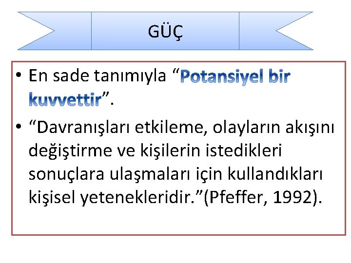 GÜÇ • En sade tanımıyla “ ”. • “Davranışları etkileme, olayların akışını değiştirme ve