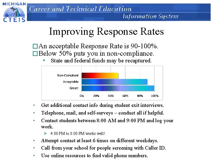 Improving Response Rates � An acceptable Response Rate is 90 -100%. � Below 50%