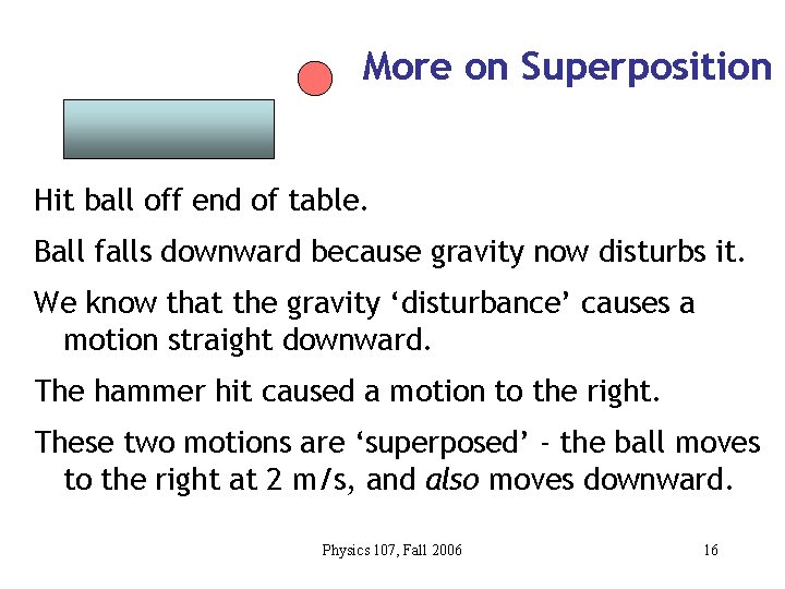 More on Superposition Hit ball off end of table. Ball falls downward because gravity