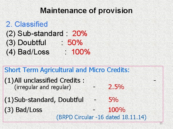 Maintenance of provision 2. Classified (2) Sub-standard : 20% (3) Doubtful : 50% (4)