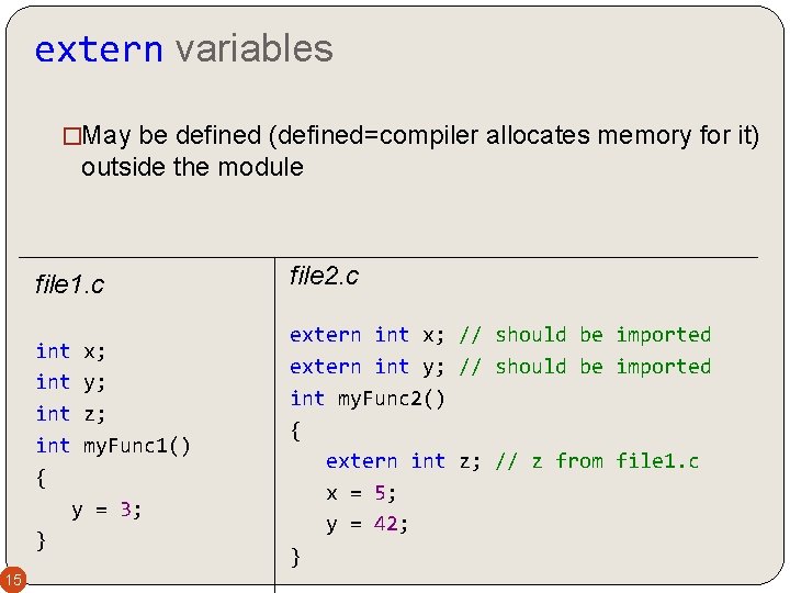 extern variables �May be defined (defined=compiler allocates memory for it) outside the module file