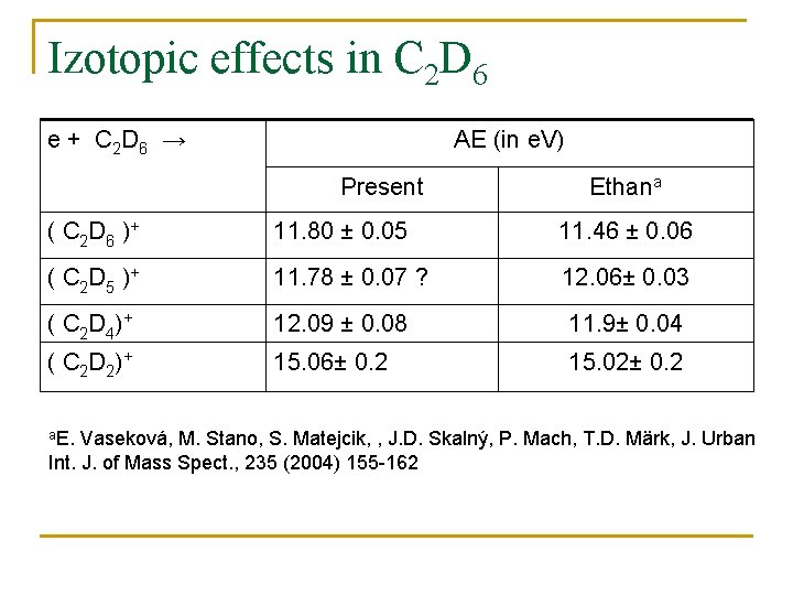 Izotopic effects in C 2 D 6 e + C 2 D 6 →