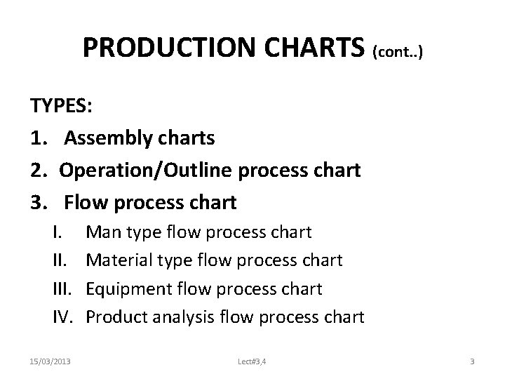 PRODUCTION CHARTS (cont. . ) TYPES: 1. Assembly charts 2. Operation/Outline process chart 3.