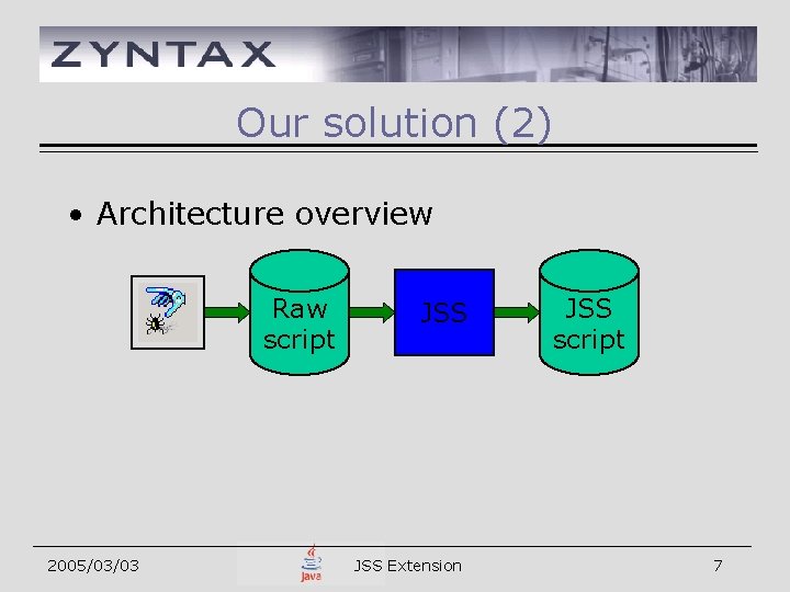 Our solution (2) • Architecture overview Raw script 2005/03/03 JSS Extension JSS script 7