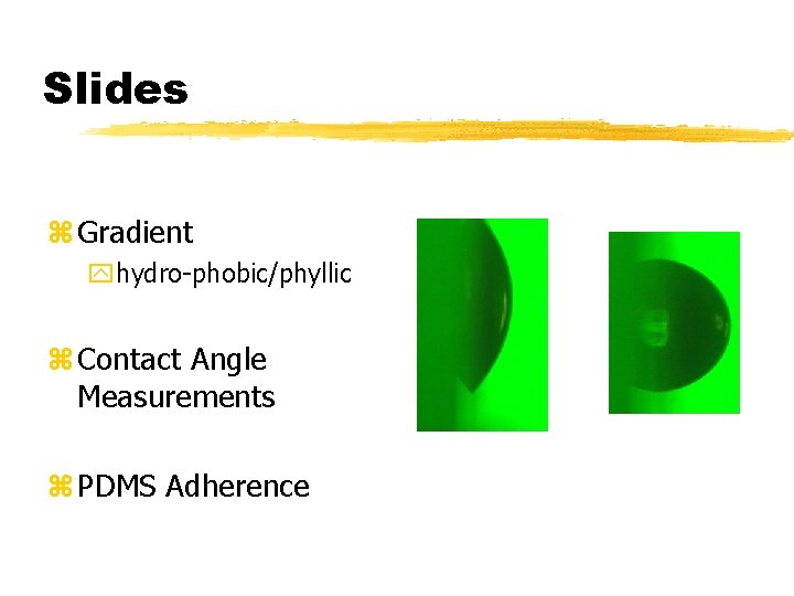 Slides z Gradient yhydro-phobic/phyllic z Contact Angle Measurements z PDMS Adherence 