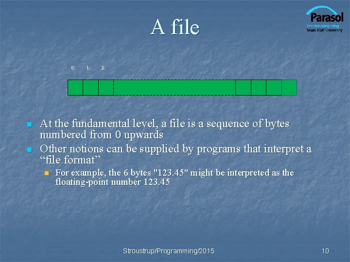 A file 0: n n 1: 2: At the fundamental level, a file is