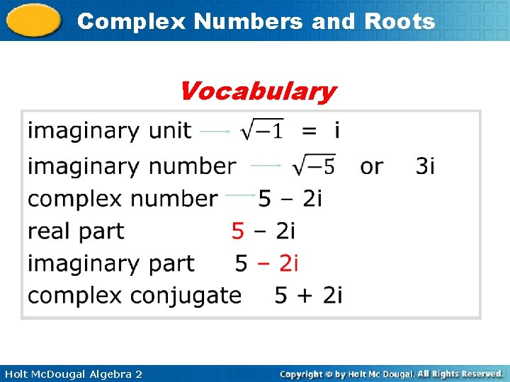 Complex Numbers and Roots Vocabulary Holt Mc. Dougal Algebra 2 