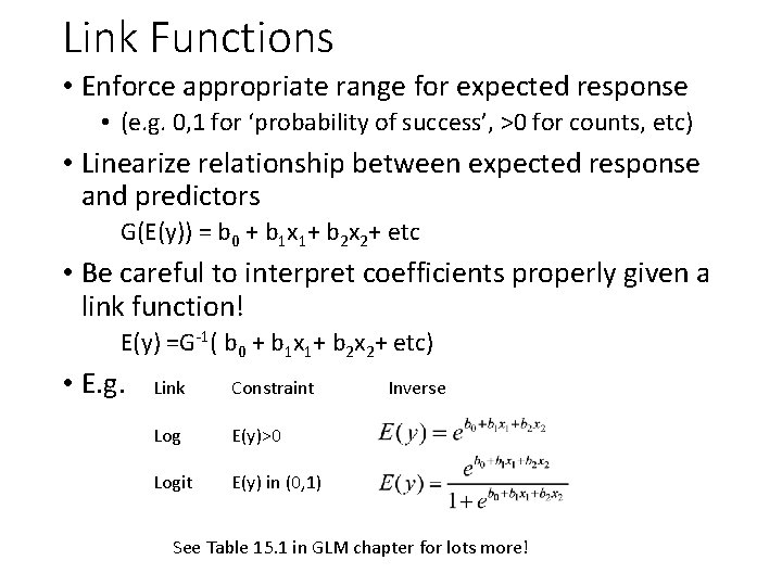 Link Functions • Enforce appropriate range for expected response • (e. g. 0, 1