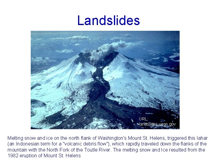 Landslides URL: landslides. usgs. gov Melting snow and ice on the north flank of