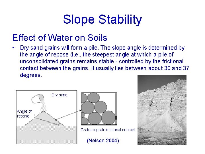 Slope Stability Effect of Water on Soils • Dry sand grains will form a