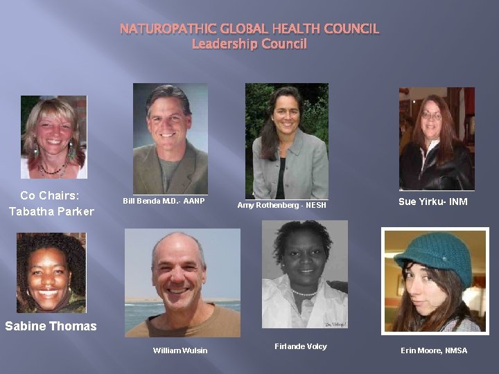 NATUROPATHIC GLOBAL HEALTH COUNCIL Leadership Council Co Chairs: Tabatha Parker Bill Benda M. D.