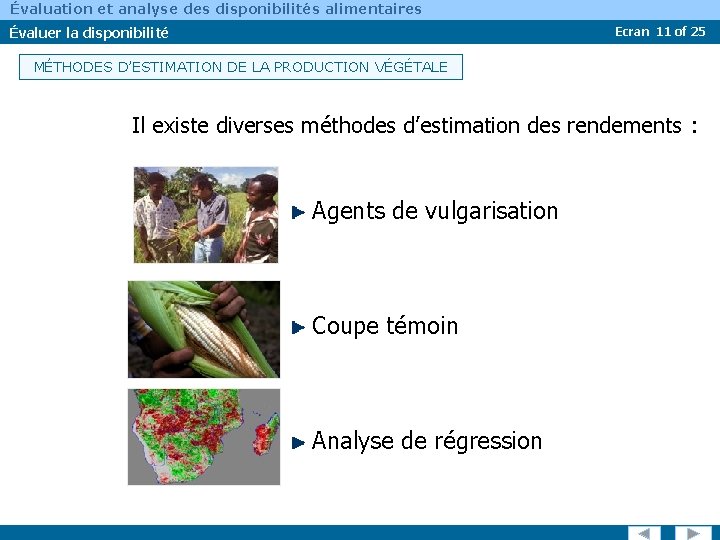 Évaluation et analyse des disponibilités alimentaires Évaluer la disponibilité Ecran 11 of 25 MÉTHODES
