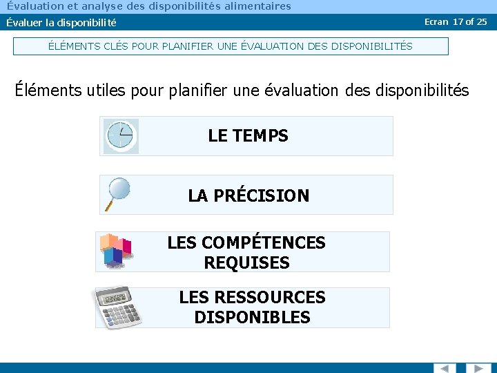 Évaluation et analyse des disponibilités alimentaires Évaluer la disponibilité Ecran 17 of 25 ÉLÉMENTS