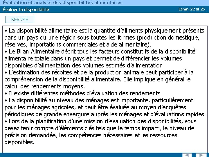 Évaluation et analyse des disponibilités alimentaires Évaluer la disponibilité Ecran 22 of 25 RESUMÉ