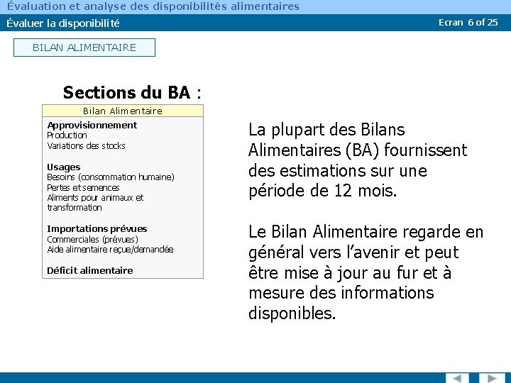 Évaluation et analyse des disponibilités alimentaires Évaluer la disponibilité Ecran 6 of 25 BILAN