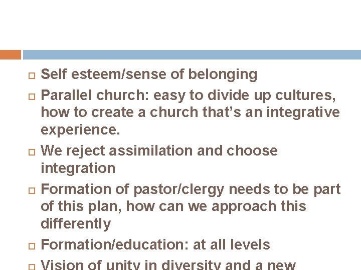  Self esteem/sense of belonging Parallel church: easy to divide up cultures, how to