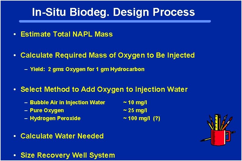 In-Situ Biodeg. Design Process • Estimate Total NAPL Mass • Calculate Required Mass of