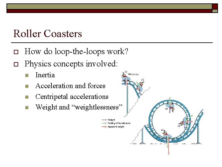 Roller Coasters o o How do loop-the-loops work? Physics concepts involved: n n Inertia