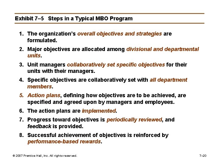 Exhibit 7– 5 Steps in a Typical MBO Program 1. The organization’s overall objectives