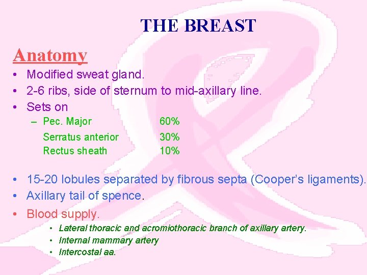 THE BREAST Anatomy • Modified sweat gland. • 2 -6 ribs, side of sternum