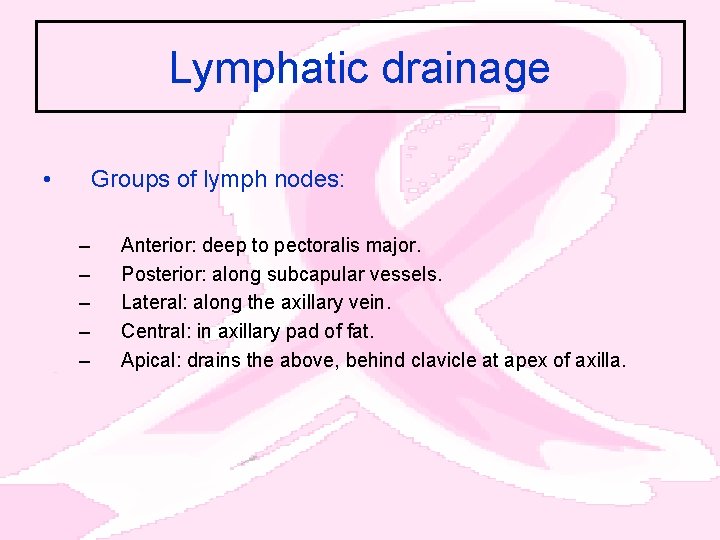 Lymphatic drainage • Groups of lymph nodes: – – – Anterior: deep to pectoralis