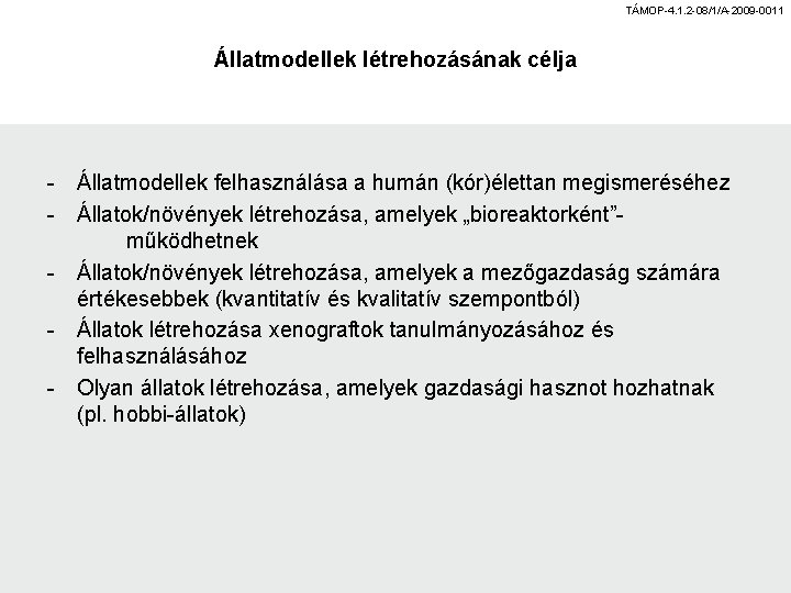 TÁMOP-4. 1. 2 -08/1/A-2009 -0011 Állatmodellek létrehozásának célja - Állatmodellek felhasználása a humán (kór)élettan