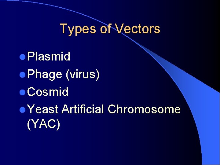 Types of Vectors l Plasmid l Phage (virus) l Cosmid l Yeast Artificial Chromosome