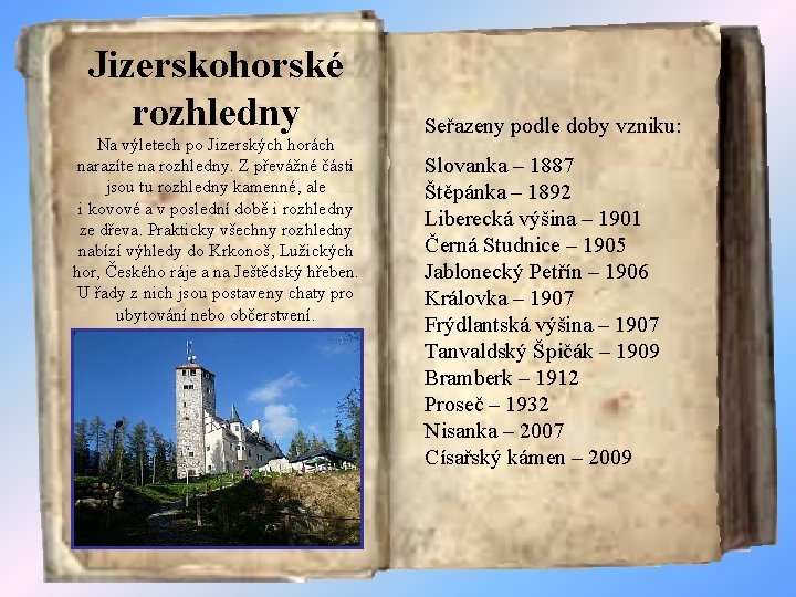 Jizerskohorské rozhledny Na výletech po Jizerských horách narazíte na rozhledny. Z převážné části jsou