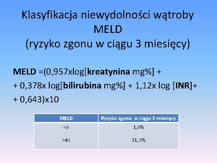 Klasyfikacja niewydolności wątroby MELD (ryzyko zgonu w ciągu 3 miesięcy) MELD =(0, 957 xlog[kreatynina