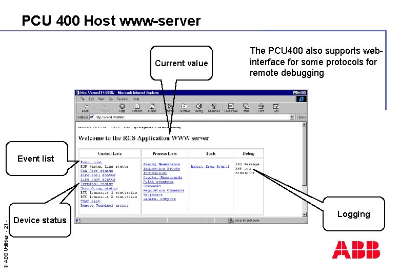 PCU 400 Host www-server Current value The PCU 400 also supports webinterface for some