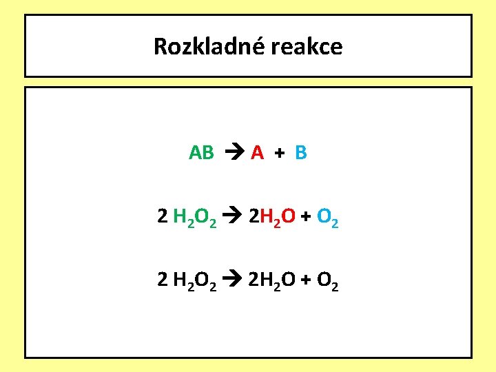 Rozkladné reakce AB A + B 2 H 2 O 2 2 H 2