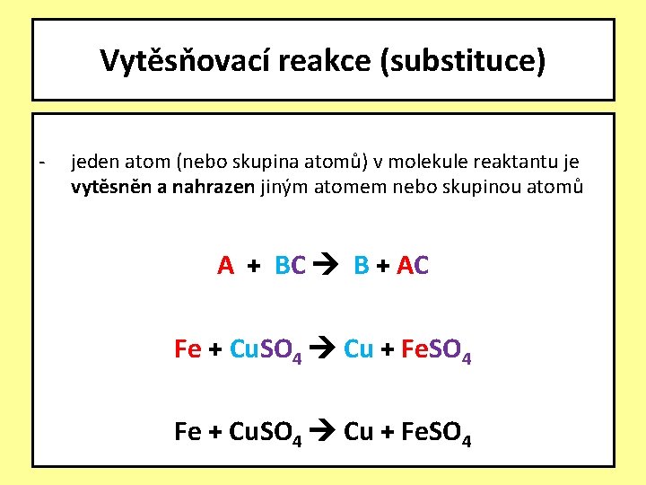 Vytěsňovací reakce (substituce) - jeden atom (nebo skupina atomů) v molekule reaktantu je vytěsněn