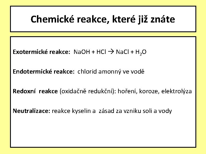 Chemické reakce, které již znáte Exotermické reakce: Na. OH + HCl Na. Cl +