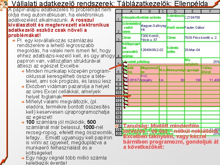 Vállalati adatkezelő rendszerek: Táblázatkezelők: Ellenpélda A papír-alapú adatkezelés fő problémáit nem A B C