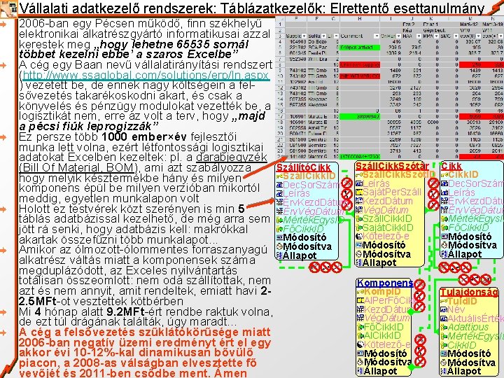 Vállalati adatkezelő rendszerek: Táblázatkezelők: Elrettentő esettanulmány 2006 -ban egy Pécsen működő, finn székhelyű elektronikai