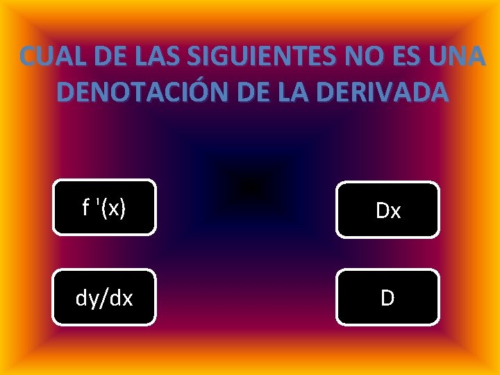 CUAL DE LAS SIGUIENTES NO ES UNA DENOTACIÓN DE LA DERIVADA f '(x) Dx