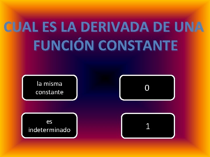 CUAL ES LA DERIVADA DE UNA FUNCIÓN CONSTANTE la misma constante 0 es indeterminado