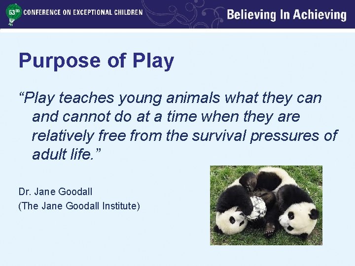 Purpose of Play “Play teaches young animals what they can and cannot do at