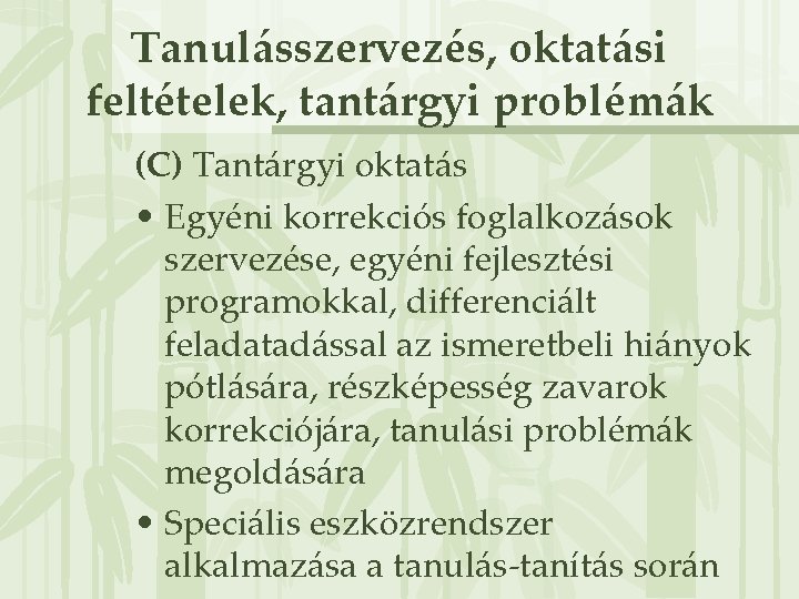 Tanulásszervezés, oktatási feltételek, tantárgyi problémák (C) Tantárgyi oktatás • Egyéni korrekciós foglalkozások szervezése, egyéni