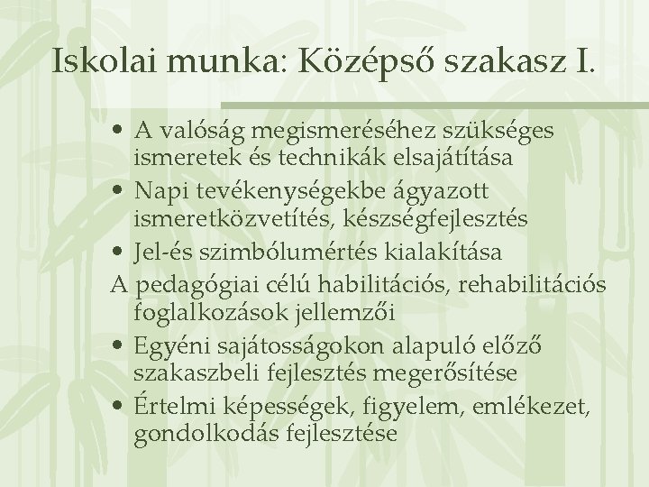 Iskolai munka: Középső szakasz I. • A valóság megismeréséhez szükséges ismeretek és technikák elsajátítása