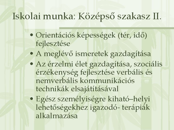 Iskolai munka: Középső szakasz II. • Orientációs képességek (tér, idő) fejlesztése • A meglévő