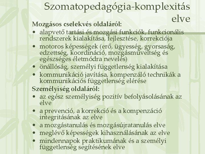 Szomatopedagógia-komplexitás elve Mozgásos cselekvés oldaláról: • alapvető tartási és mozgási funkciók, funkcionális rendszerek kialakítása,