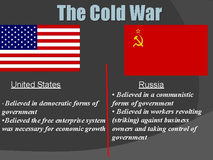 The Cold War United States Russia • Believed in a communistic forms of government