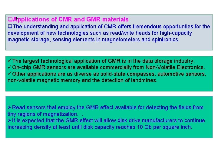  • q. Applications of CMR and GMR materials q. The understanding and application