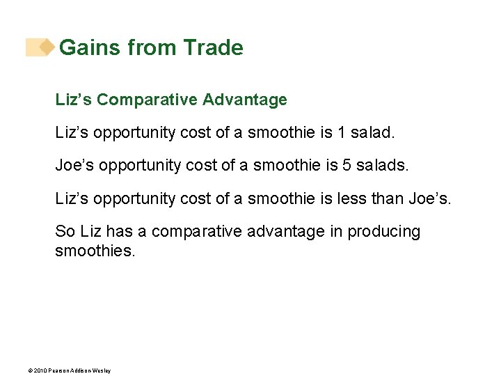 Gains from Trade Liz’s Comparative Advantage Liz’s opportunity cost of a smoothie is 1